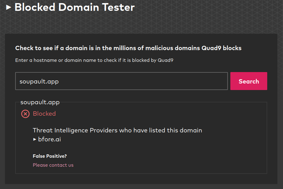 Screenshot of Quod9 domain block check page, showing soupault.app blocked due to a report from Bfore.ai