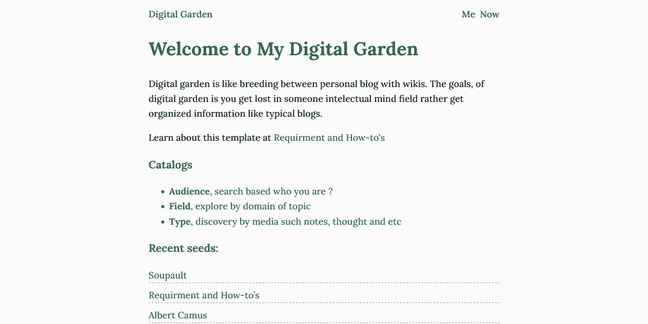 digital garden homepage screenshoot with greeting and recent content
